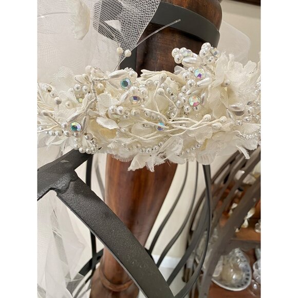Handmade White Floral Bridal Veil With Pearl Embellishments Lace Crown & Tulle L main image 12
